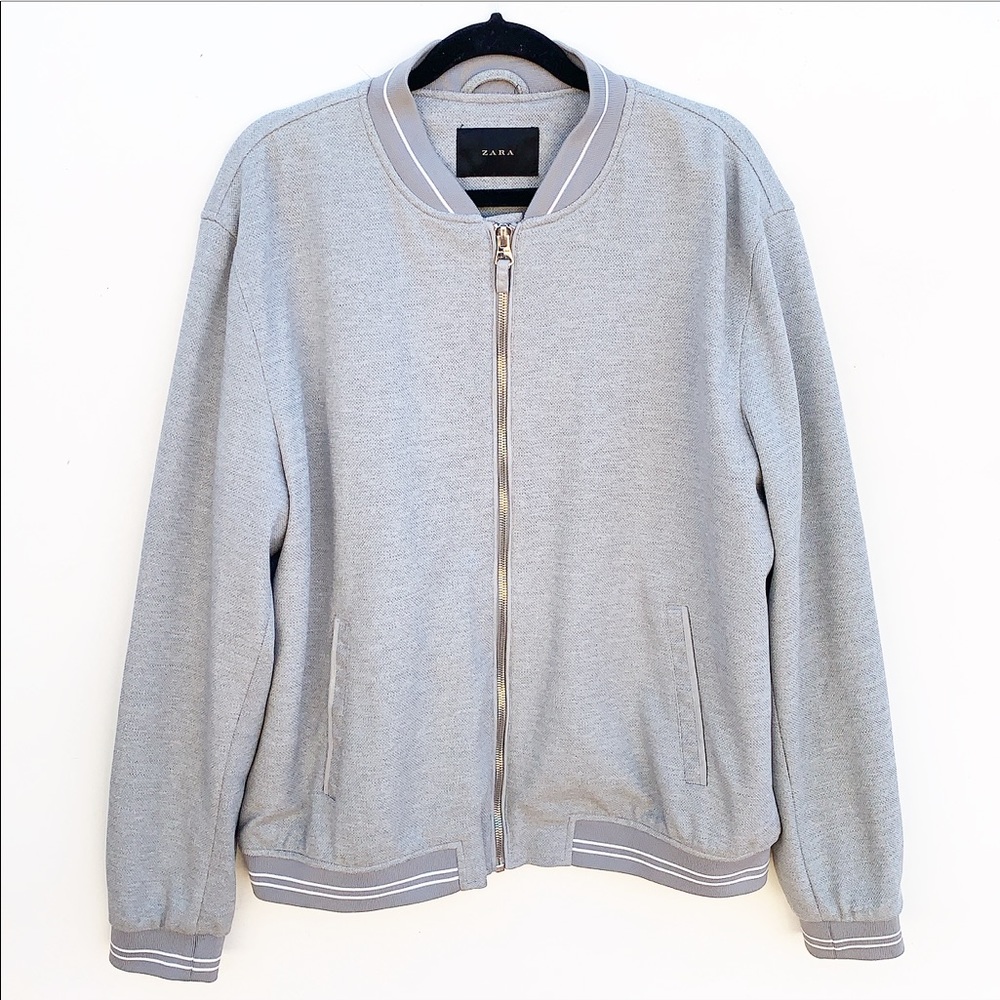 Zara Bomber Jacket Zip Up Grey Stripe Pockets